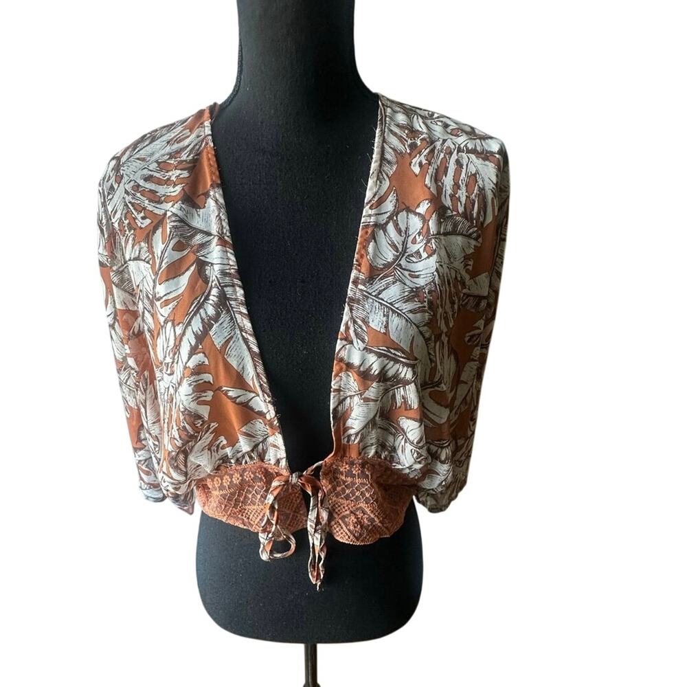 Timing Orange White Leaf Print Blouse M Tie Front Peplum Boho Chic Style